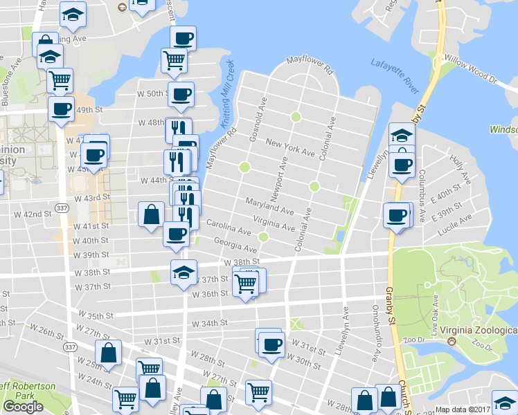 map of restaurants, bars, coffee shops, grocery stores, and more near 615 Maryland Avenue in Norfolk