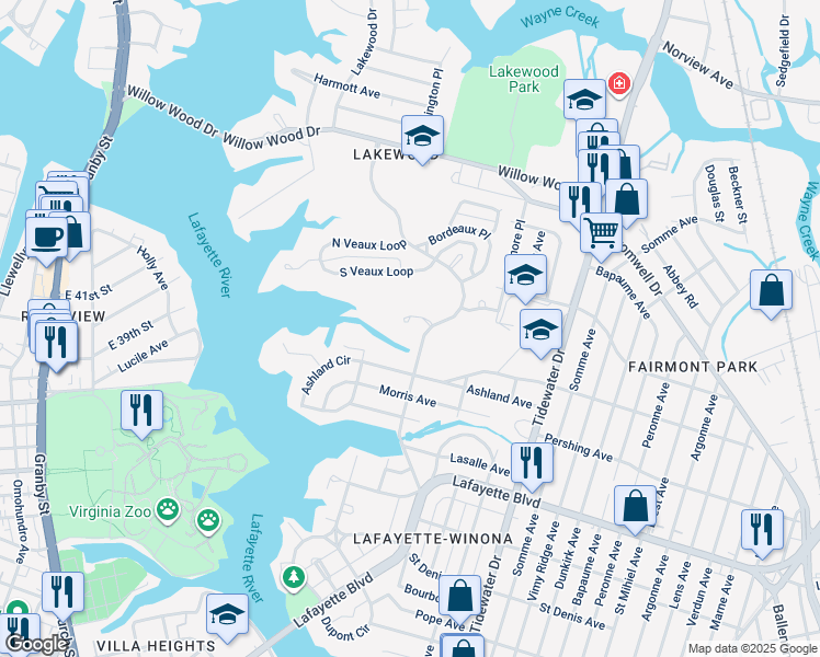 map of restaurants, bars, coffee shops, grocery stores, and more near 1509 Montpelier Court in Norfolk