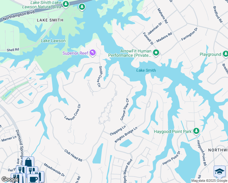 map of restaurants, bars, coffee shops, grocery stores, and more near 1160 Cypress Point Way in Virginia Beach