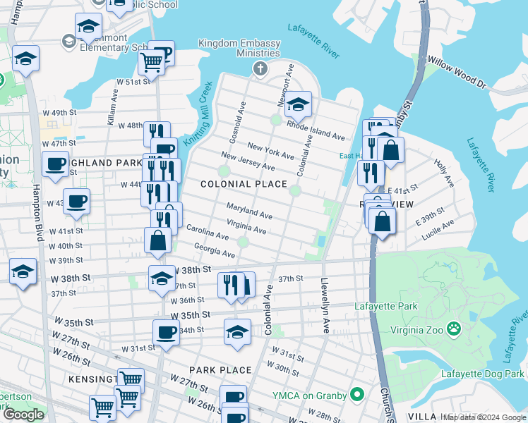 map of restaurants, bars, coffee shops, grocery stores, and more near 530 Maryland Avenue in Norfolk