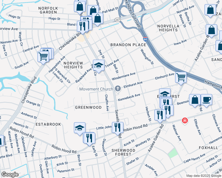 map of restaurants, bars, coffee shops, grocery stores, and more near 3321 Sewells Point Road in Norfolk