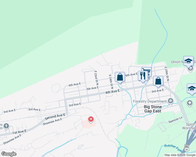 map of restaurants, bars, coffee shops, grocery stores, and more near 217 East 23rd Street North in Big Stone Gap