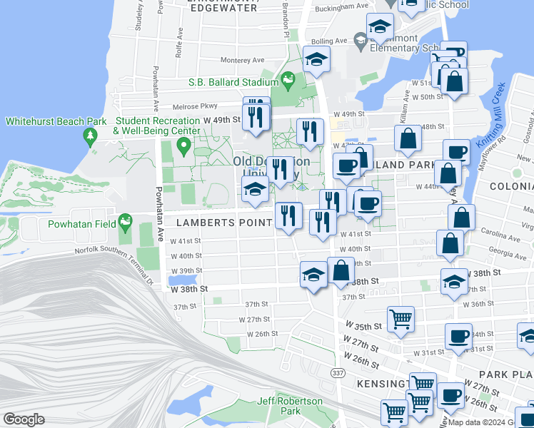 map of restaurants, bars, coffee shops, grocery stores, and more near 1317 West 43rd Street in Norfolk