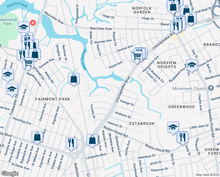 map of restaurants, bars, coffee shops, grocery stores, and more near 3568 Norland Circle in Norfolk