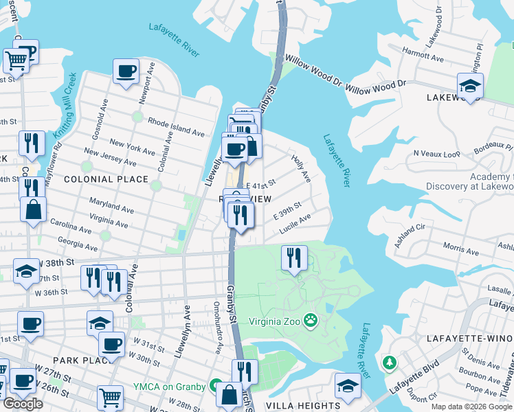 map of restaurants, bars, coffee shops, grocery stores, and more near in Norfolk