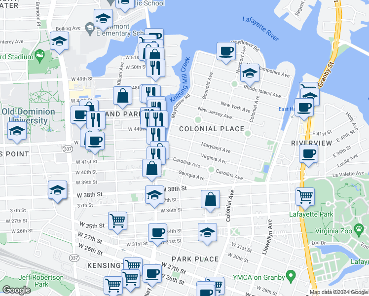 map of restaurants, bars, coffee shops, grocery stores, and more near 733 Maryland Avenue in Norfolk