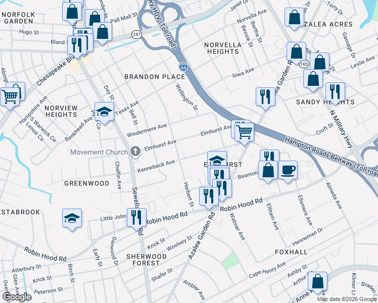 map of restaurants, bars, coffee shops, grocery stores, and more near 5145 Elmhurst Avenue in Norfolk