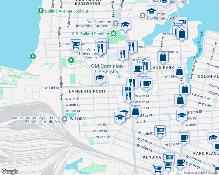 map of restaurants, bars, coffee shops, grocery stores, and more near in Norfolk