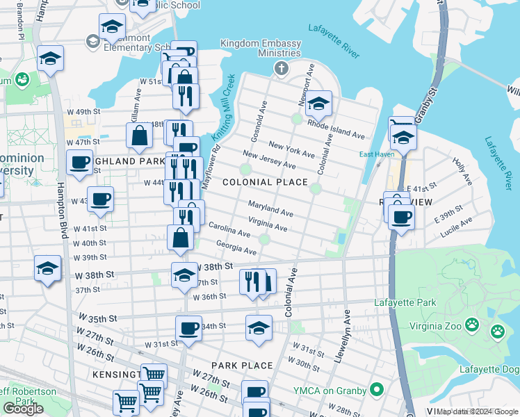 map of restaurants, bars, coffee shops, grocery stores, and more near 635 Maryland Avenue in Norfolk