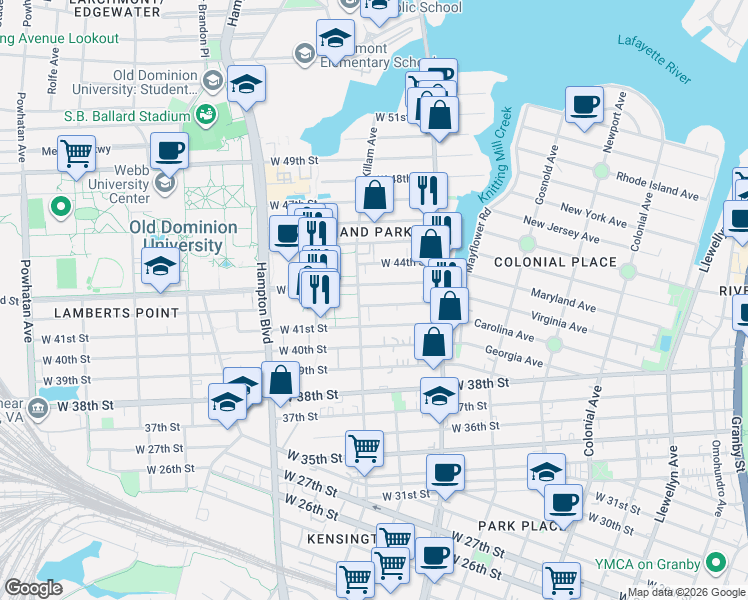 map of restaurants, bars, coffee shops, grocery stores, and more near 868 West 42nd Street in Norfolk