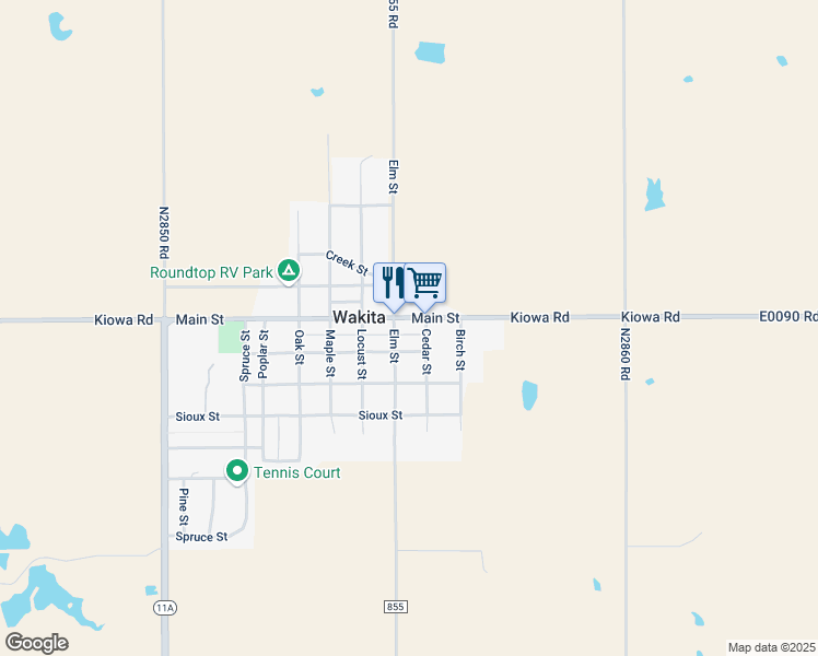 map of restaurants, bars, coffee shops, grocery stores, and more near 223 Main Street in Wakita