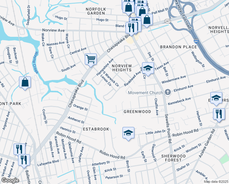 map of restaurants, bars, coffee shops, grocery stores, and more near 4564 Bankhead Avenue in Norfolk