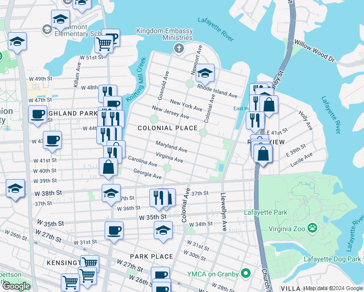 map of restaurants, bars, coffee shops, grocery stores, and more near 530 Maryland Avenue in Norfolk