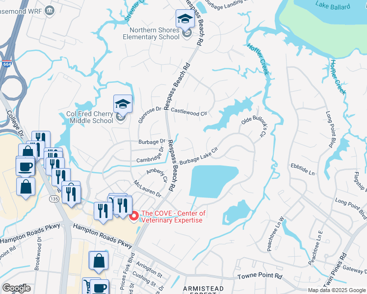 map of restaurants, bars, coffee shops, grocery stores, and more near 6904 Leefield Court in Suffolk