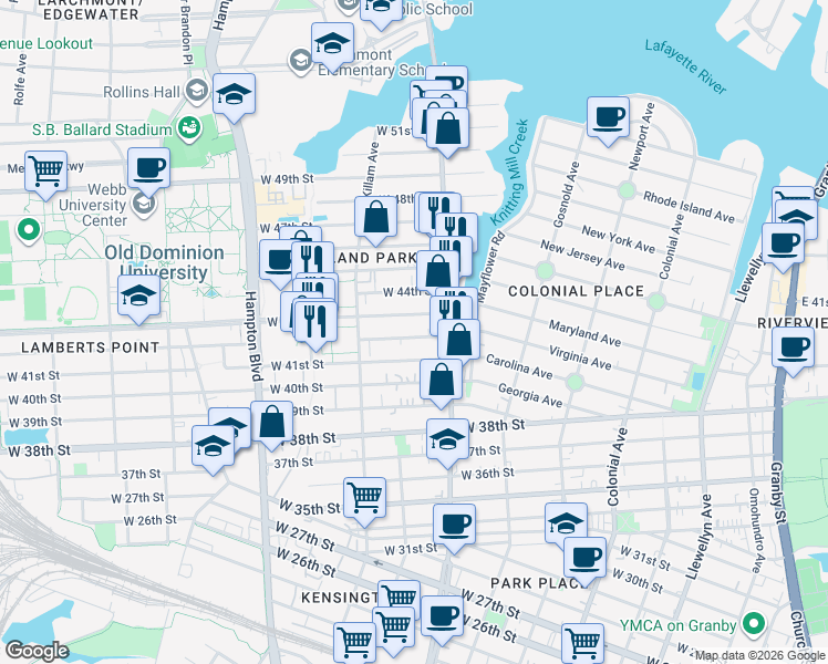 map of restaurants, bars, coffee shops, grocery stores, and more near 825 West 43rd Street in Norfolk