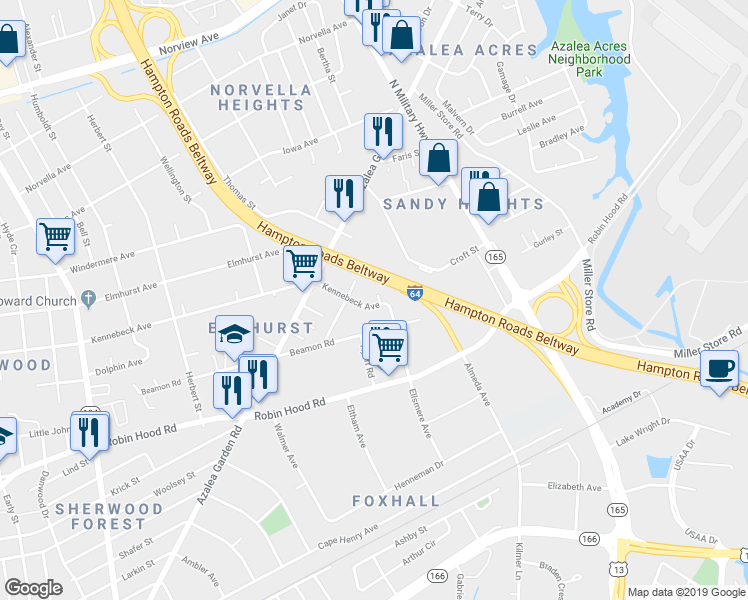 map of restaurants, bars, coffee shops, grocery stores, and more near 5312 Kennebeck Avenue in Norfolk