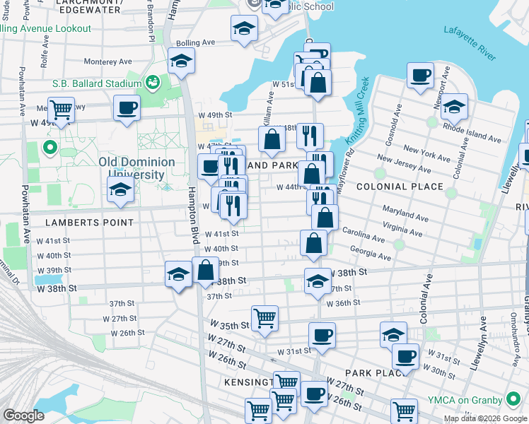 map of restaurants, bars, coffee shops, grocery stores, and more near 4200 Killam Avenue in Norfolk