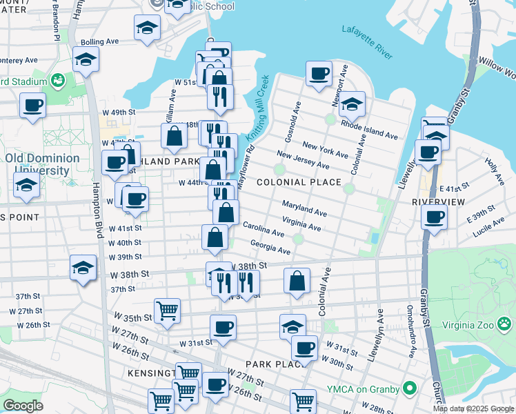 map of restaurants, bars, coffee shops, grocery stores, and more near 733 Maryland Avenue in Norfolk