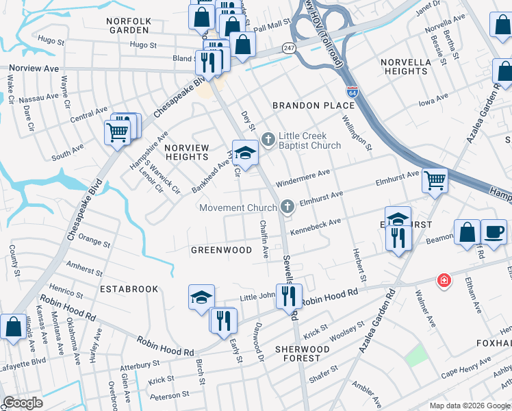 map of restaurants, bars, coffee shops, grocery stores, and more near 4713 Windermere Avenue in Norfolk