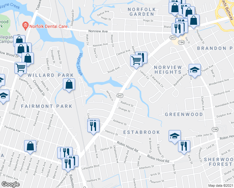 map of restaurants, bars, coffee shops, grocery stores, and more near 3571 Chesapeake Boulevard in Norfolk