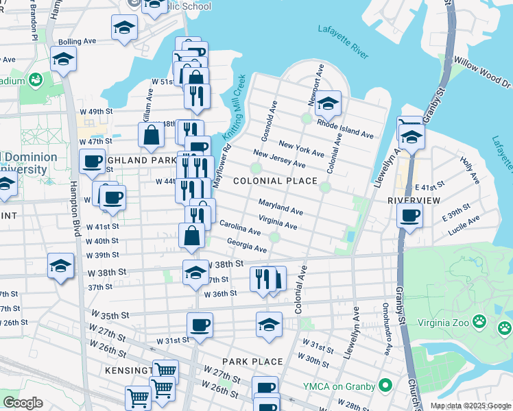 map of restaurants, bars, coffee shops, grocery stores, and more near 4300 Gosnold Avenue in Norfolk