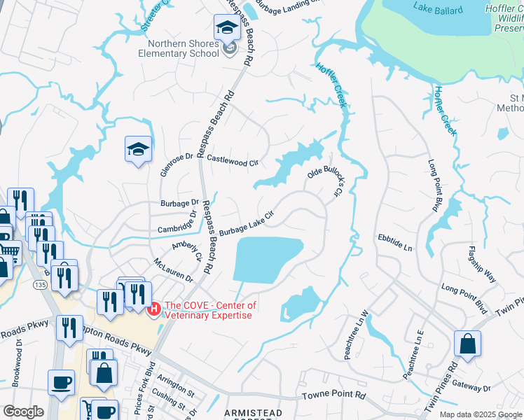 map of restaurants, bars, coffee shops, grocery stores, and more near 6402 Pelican Crescent North in Suffolk