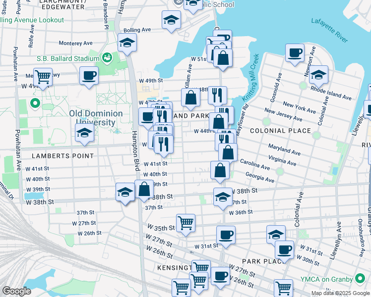map of restaurants, bars, coffee shops, grocery stores, and more near 859 West 43rd Street in Norfolk