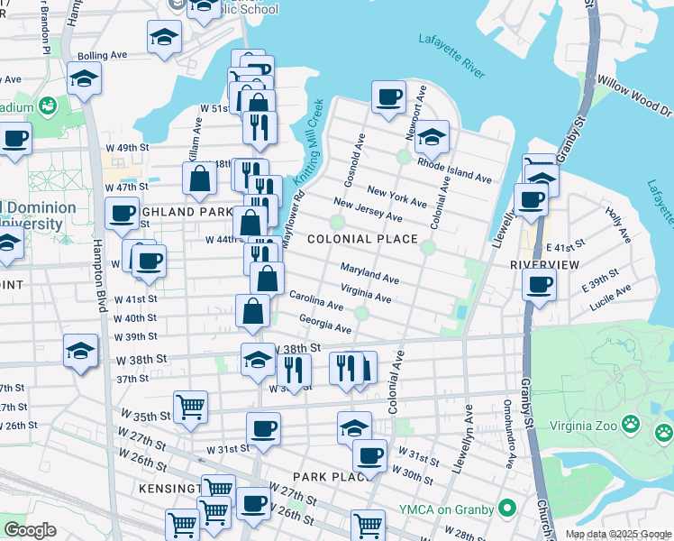 map of restaurants, bars, coffee shops, grocery stores, and more near 4300 Gosnold Avenue in Norfolk