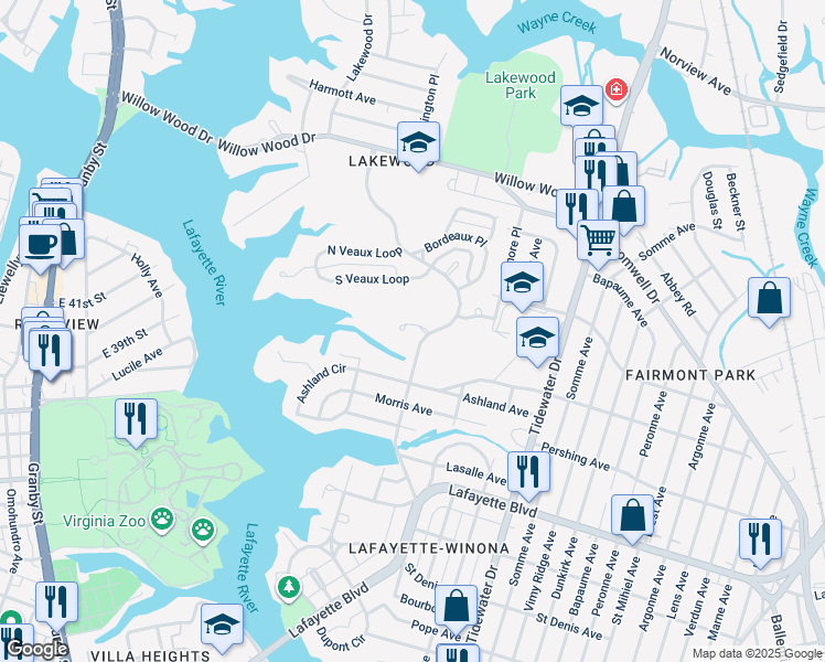 map of restaurants, bars, coffee shops, grocery stores, and more near 1509 Montpelier Court in Norfolk
