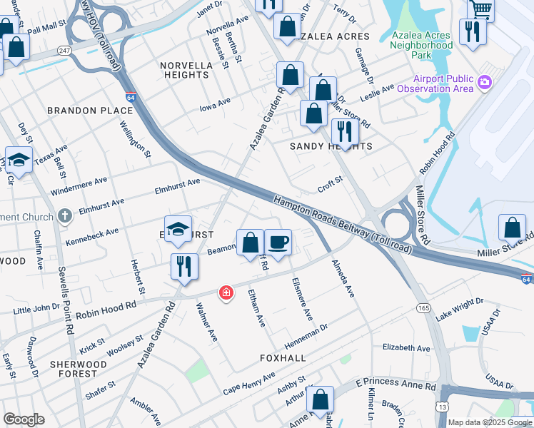 map of restaurants, bars, coffee shops, grocery stores, and more near 5312 Kennebeck Avenue in Norfolk