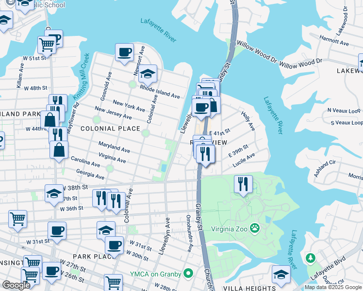 map of restaurants, bars, coffee shops, grocery stores, and more near 219 Delaware Avenue in Norfolk