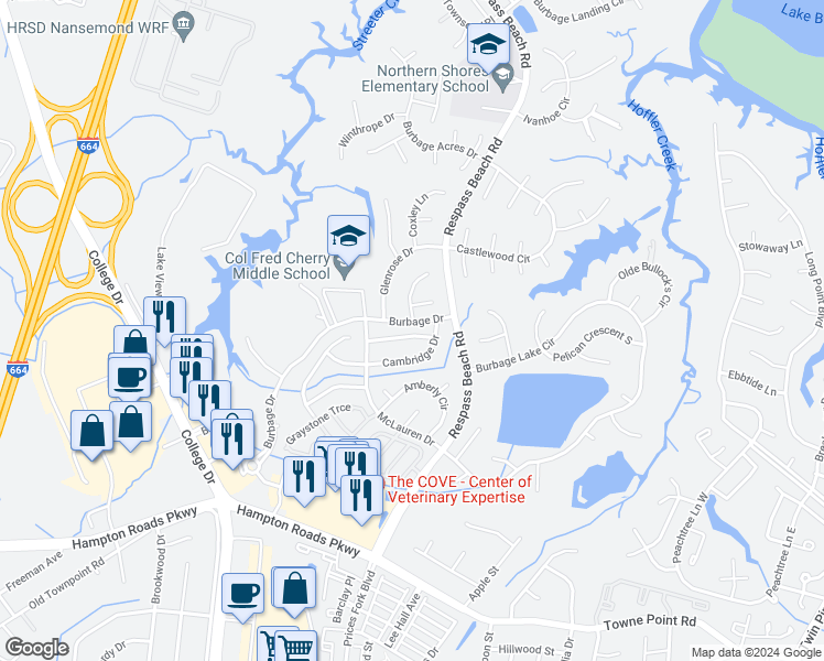 map of restaurants, bars, coffee shops, grocery stores, and more near 6227 Oakglen Drive in Suffolk