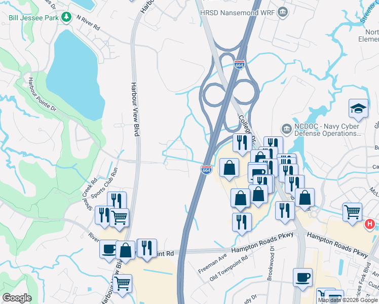 map of restaurants, bars, coffee shops, grocery stores, and more near 6958 Harbour View Boulevard in Suffolk