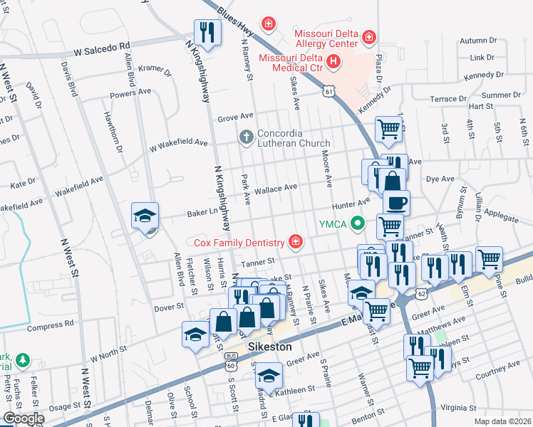 map of restaurants, bars, coffee shops, grocery stores, and more near 616 North Ranney Street in Sikeston