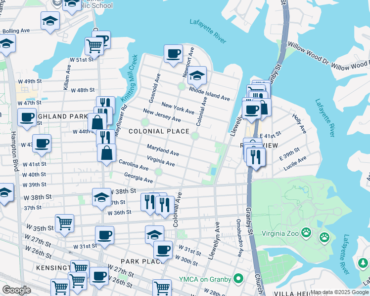 map of restaurants, bars, coffee shops, grocery stores, and more near 4403 Colonial Avenue in Norfolk