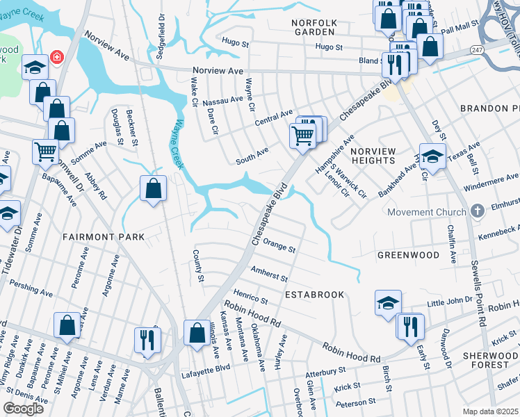 map of restaurants, bars, coffee shops, grocery stores, and more near 3557 Chesapeake Boulevard in Norfolk