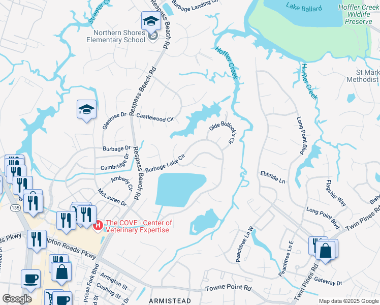 map of restaurants, bars, coffee shops, grocery stores, and more near 6782 Burbage Lake Circle in Suffolk