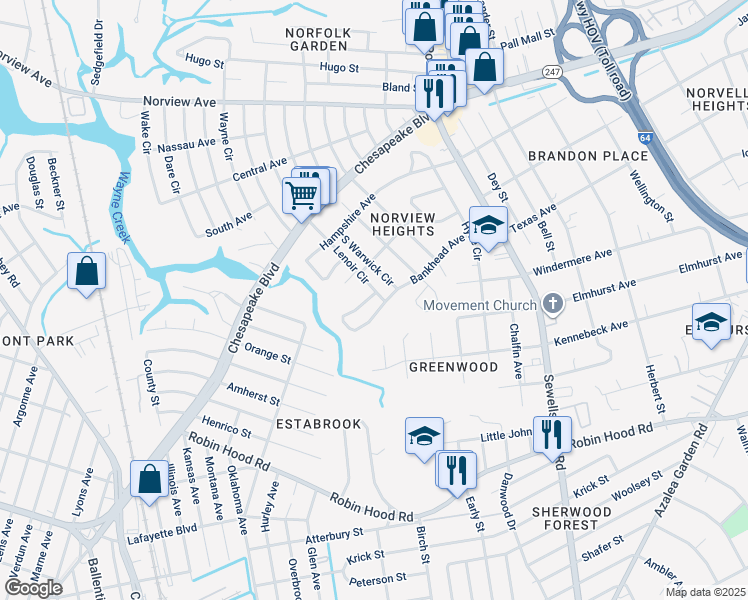 map of restaurants, bars, coffee shops, grocery stores, and more near 4502 Bankhead Avenue in Norfolk