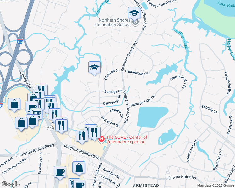 map of restaurants, bars, coffee shops, grocery stores, and more near 6237 Oakglen Drive in Suffolk