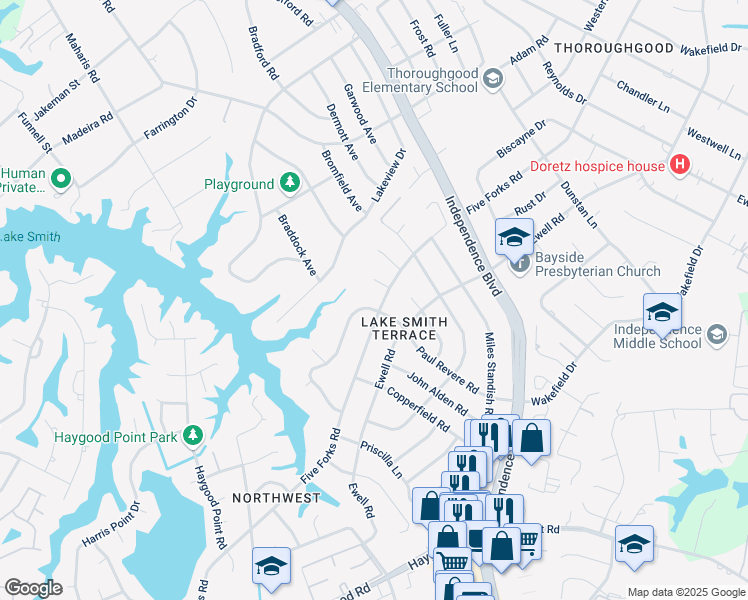 map of restaurants, bars, coffee shops, grocery stores, and more near 1169 West Revere Point Road in Virginia Beach
