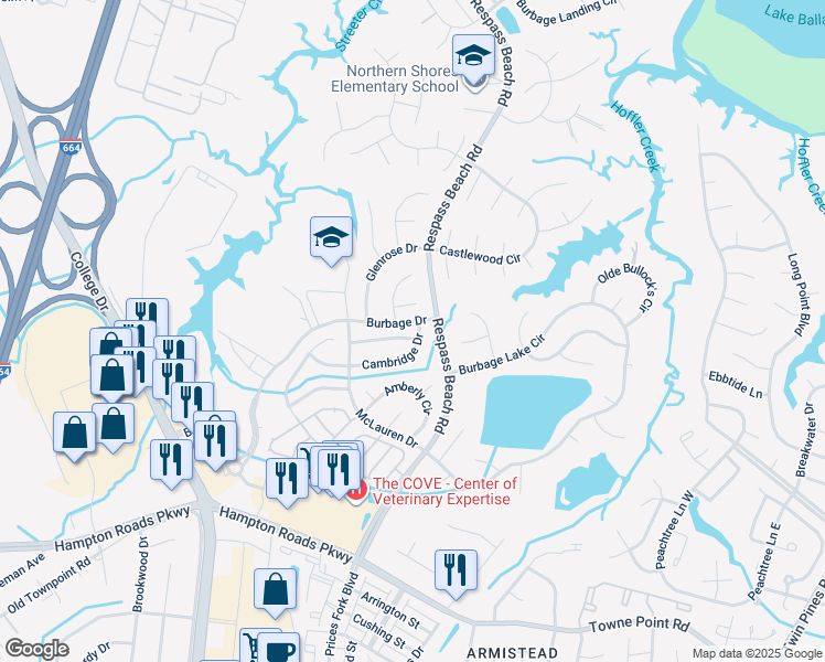 map of restaurants, bars, coffee shops, grocery stores, and more near 6237 Oakglen Drive in Suffolk