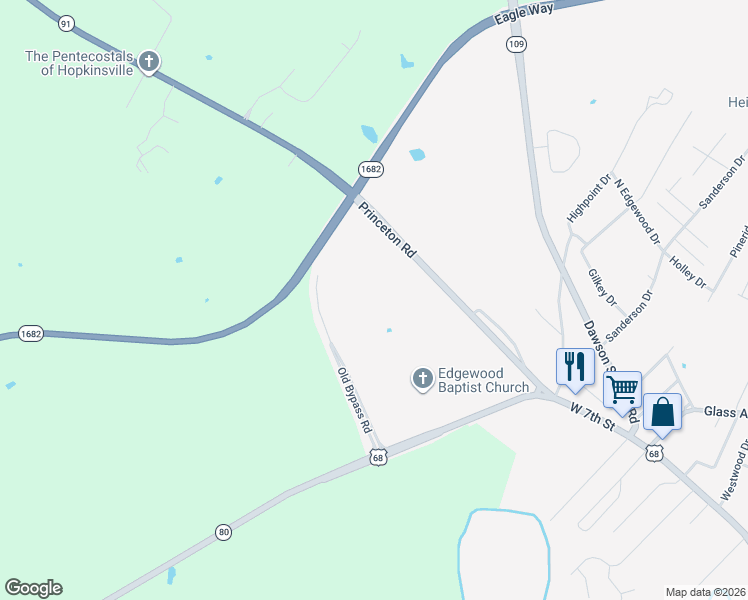 map of restaurants, bars, coffee shops, grocery stores, and more near 2345 Princeton Road in Hopkinsville