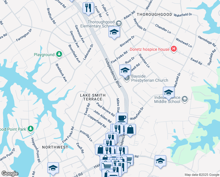 map of restaurants, bars, coffee shops, grocery stores, and more near 4657 Miles Standish Road in Virginia Beach