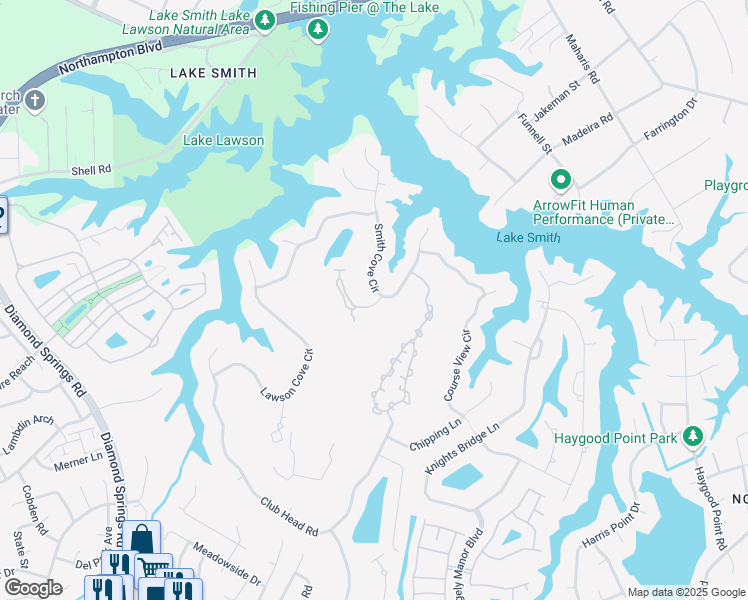 map of restaurants, bars, coffee shops, grocery stores, and more near 1212 Foursome Lane in Virginia Beach