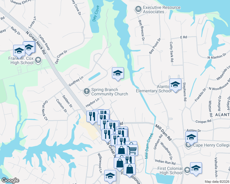 map of restaurants, bars, coffee shops, grocery stores, and more near 2109 Harbor Lane in Virginia Beach