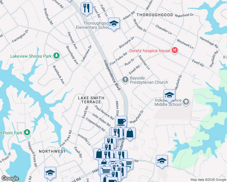 map of restaurants, bars, coffee shops, grocery stores, and more near 1302 Ewell Road in Virginia Beach