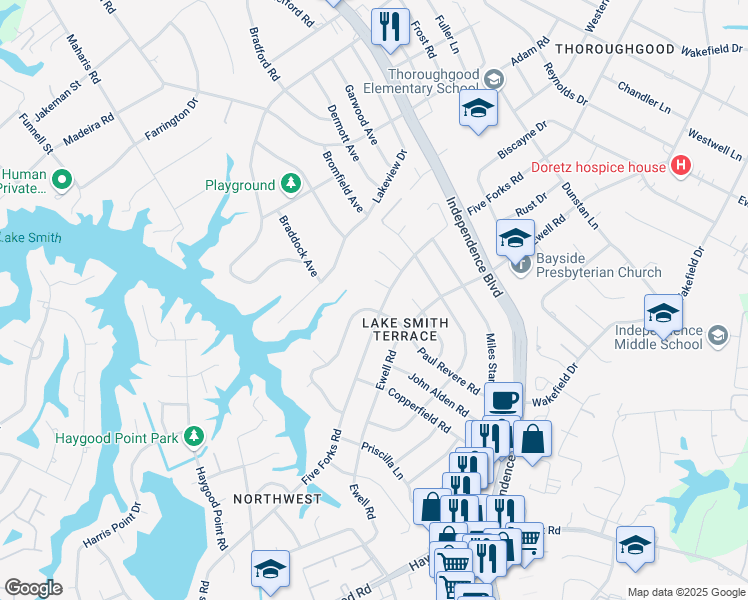 map of restaurants, bars, coffee shops, grocery stores, and more near 1169 West Revere Point Road in Virginia Beach