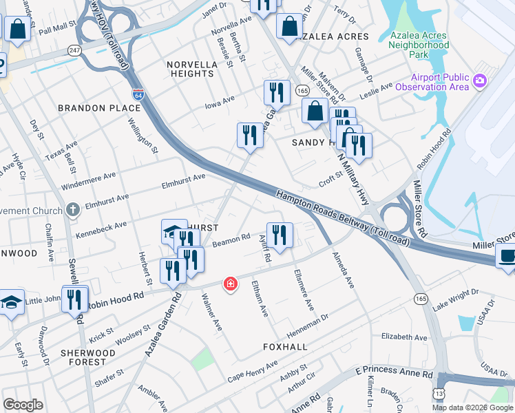 map of restaurants, bars, coffee shops, grocery stores, and more near 3309 Dunway Street in Norfolk