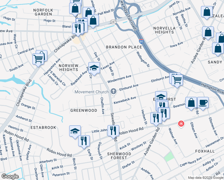 map of restaurants, bars, coffee shops, grocery stores, and more near 4828 Elmhurst Avenue in Norfolk