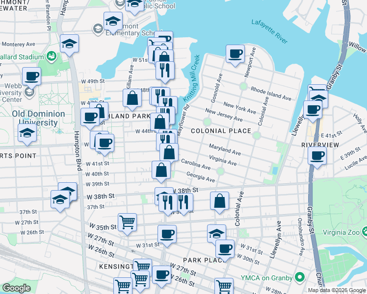 map of restaurants, bars, coffee shops, grocery stores, and more near 733 Maryland Avenue in Norfolk